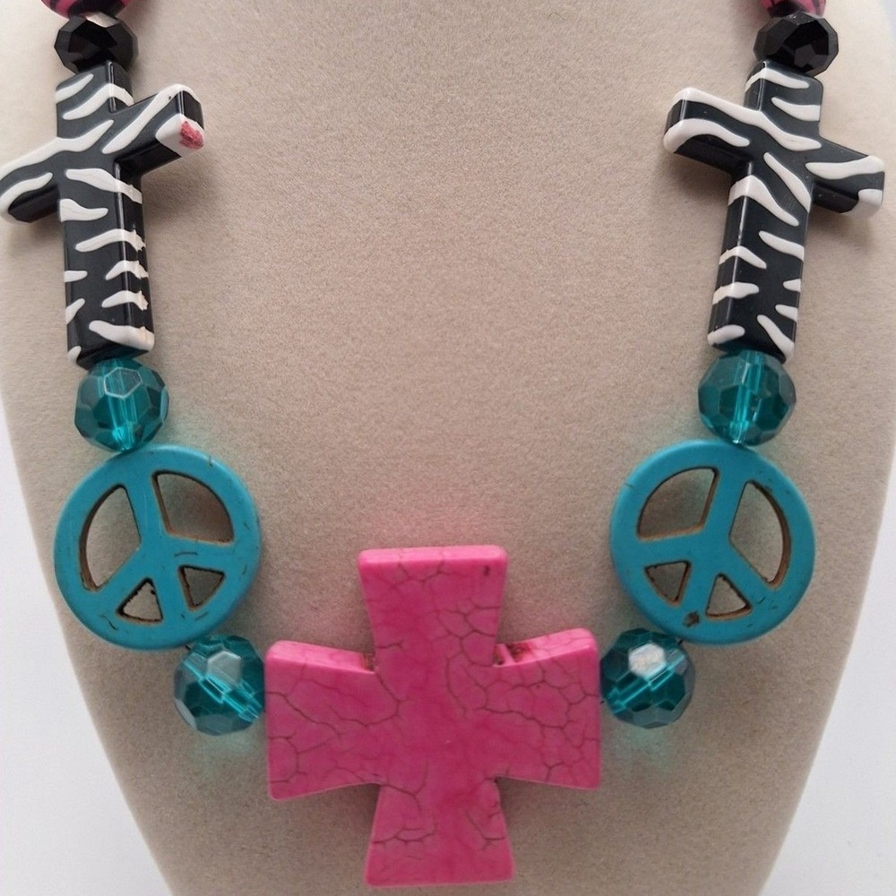 Cross peace necklace acrylic pink turquoise zebra print 18.5 inches toggle clasp